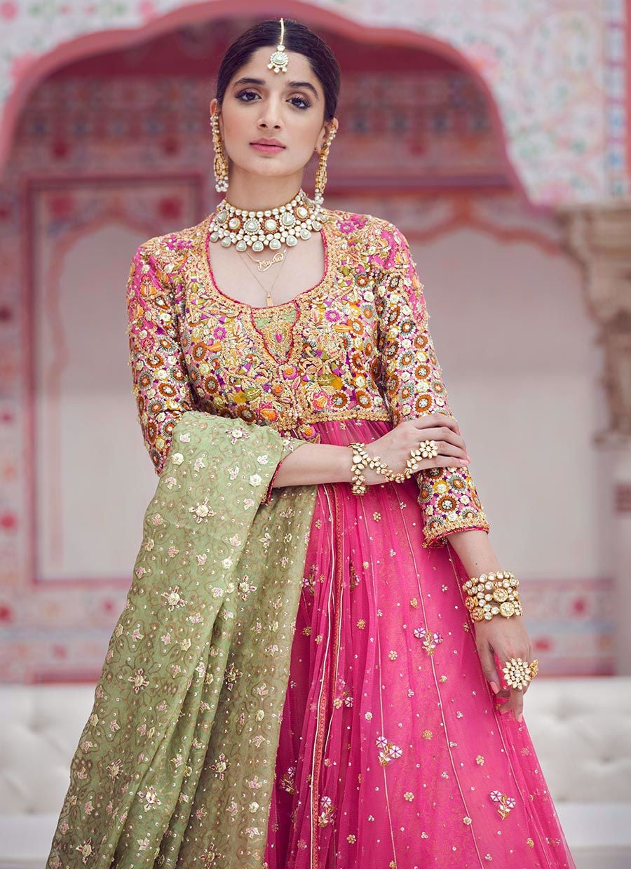 Pink Front Open Kalidaar Lehenga with Organza Dupatta