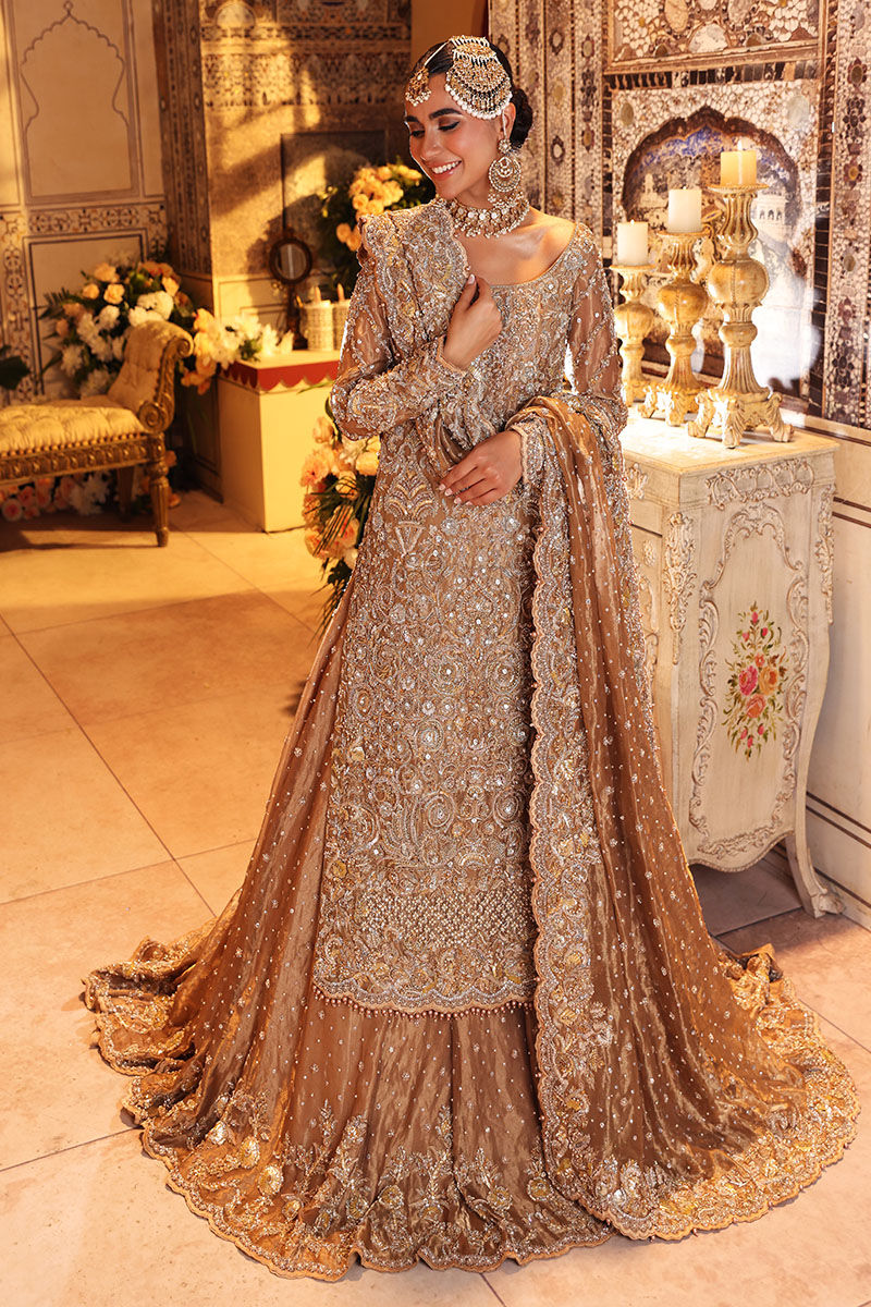 Nur-Bano Gold Tissue Bridal Lehenga – Luxury Hand Embellished Wedding Dress