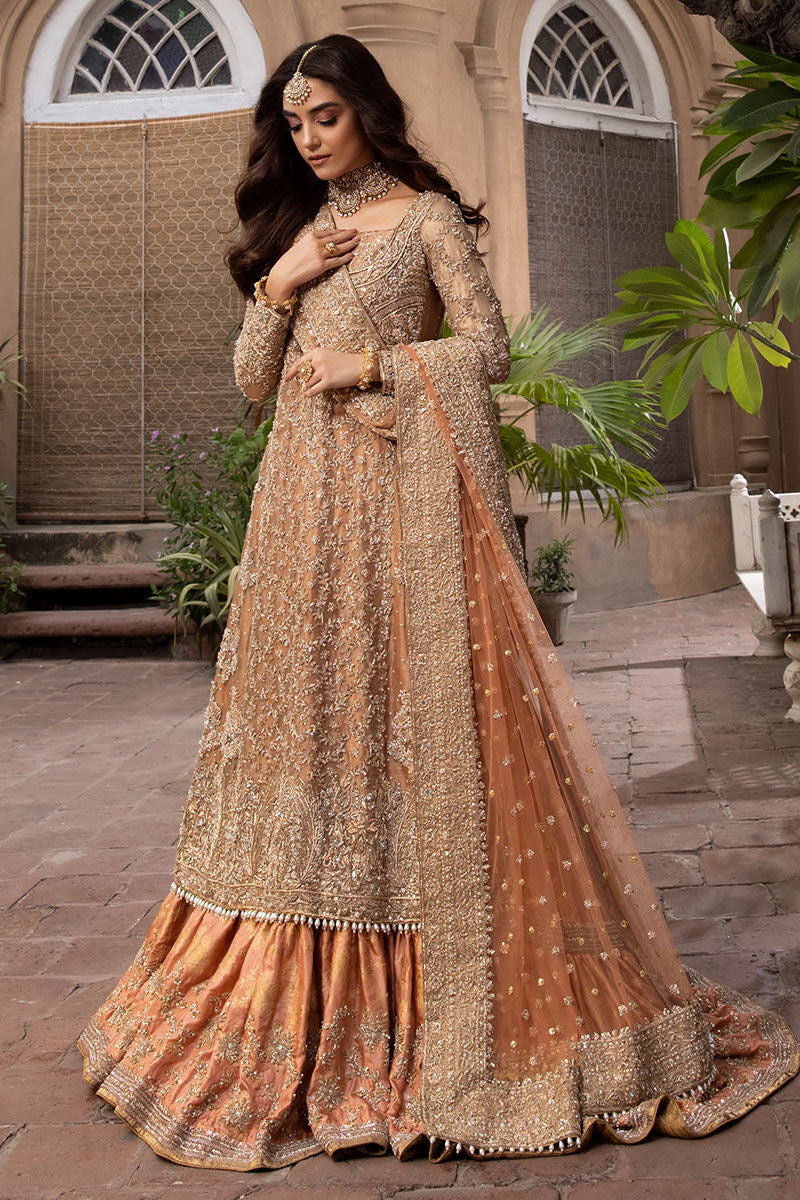 Rose Gold Tissue A-Line Shirt with Peach Jamawar Farshi Lehenga (Custom Order)