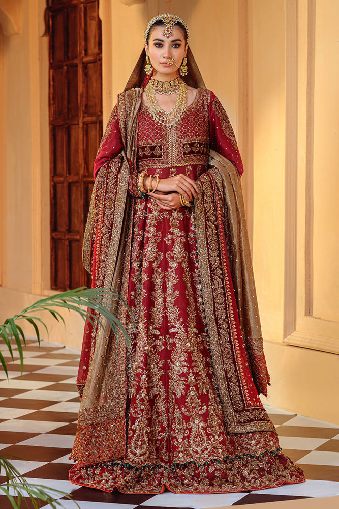 Mehrmah – Deep Red Raw Silk Pishwas with Lehenga (Custom Order)