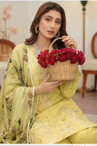 Yellow Embroidered Lawn Suit with Chiffon Dupatta