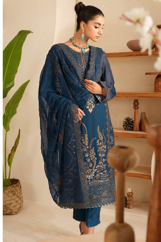 Elegant Embroidered Chiffon Suit with Sequins & Organza Borders ( EC124 )