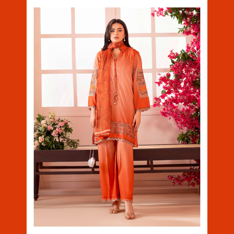 Rust Orange Embroidered 3-Piece Suit with Printed Dupatta