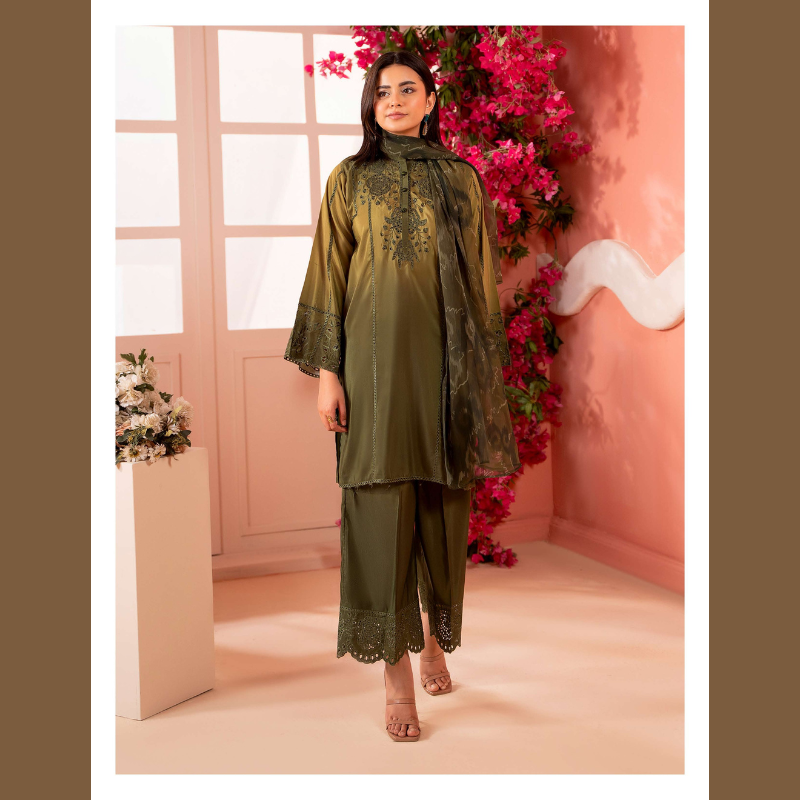 Olive Green Embroidered 3-Piece Suit with Sheer Dupatta