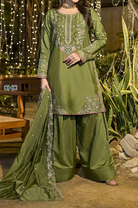 Elegant Olive Green Embroidered 3 Piece Suit for Women