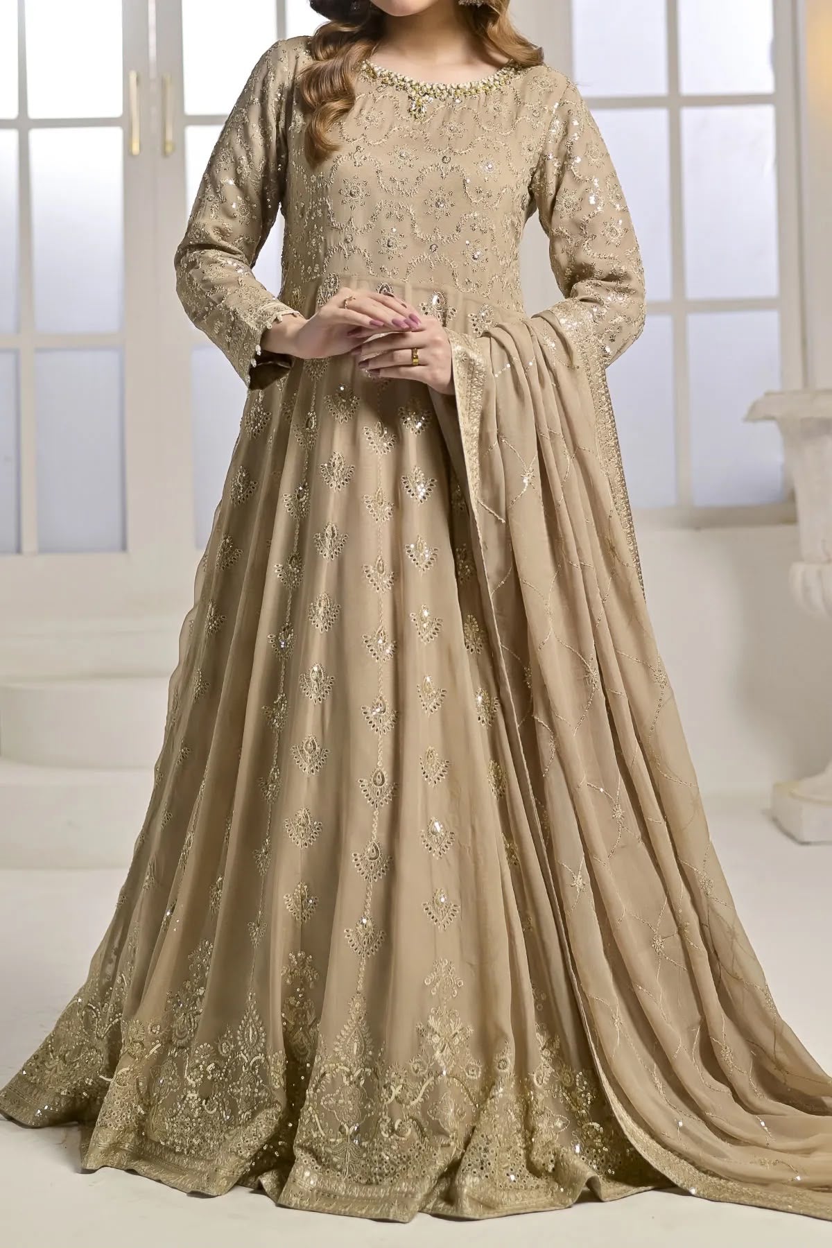 Champagne Golden Hand Embroidered Long Gown with Dupatta