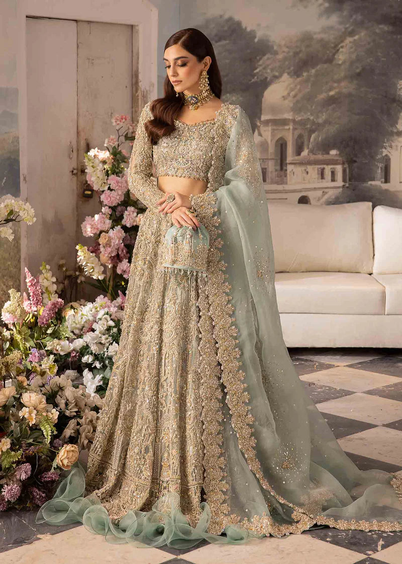 Luxury Powder Blue Bridal Lehenga – Handcrafted Net Wedding Dress