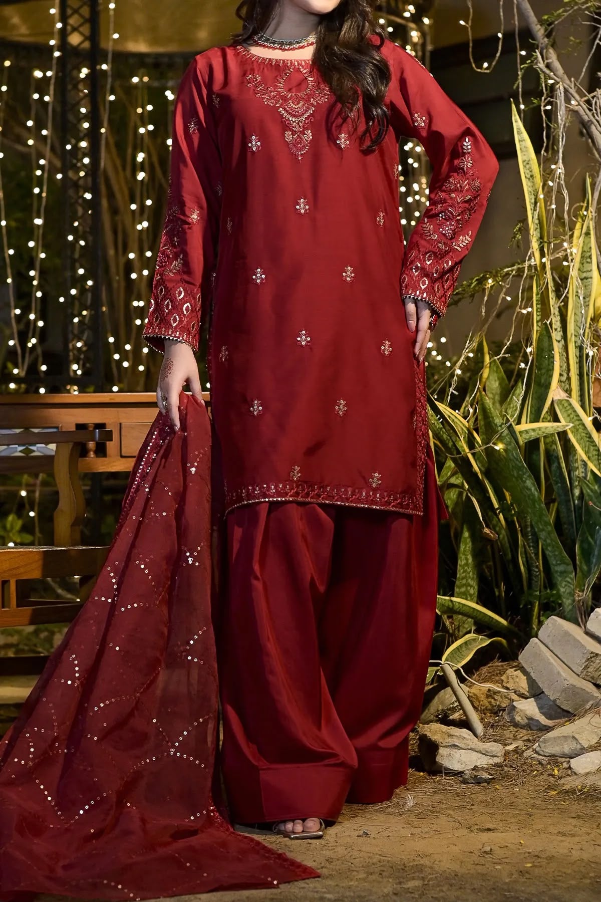 Elegant Maroon Embroidered 3 Piece Suit for Women