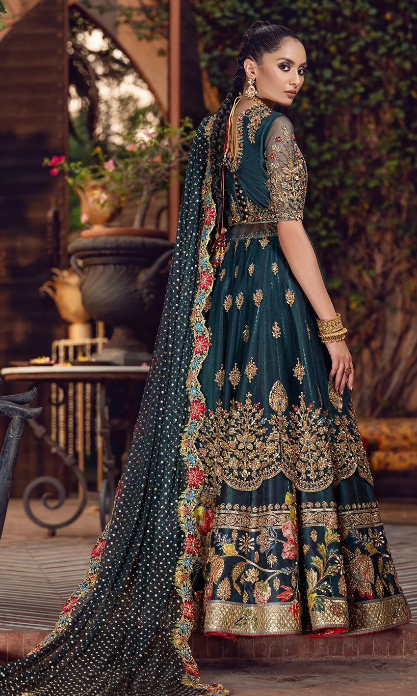 Green Bridal Pishwas Lehenga with Net Dupatta – Mehndi Wedding Dress