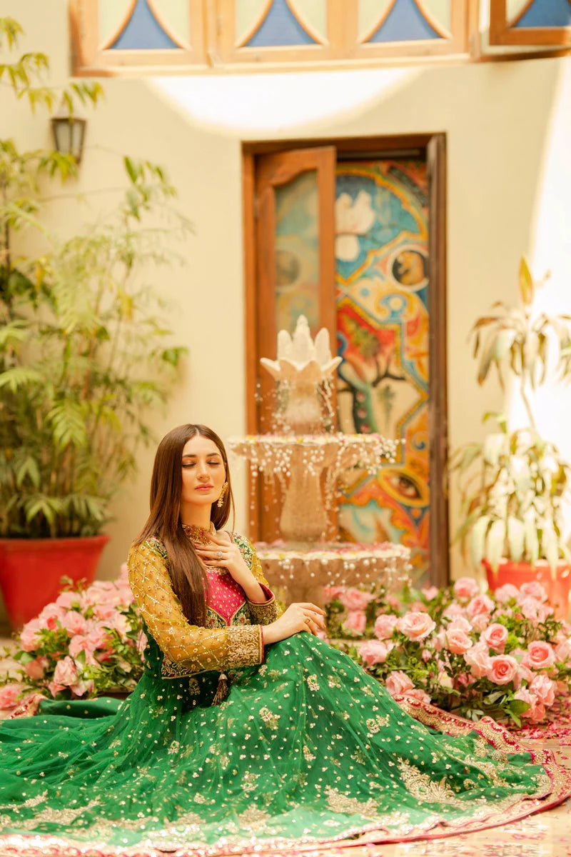 Green Bridal Pishwas Lehenga with Organza Dupatta – Mehndi Wedding Dress