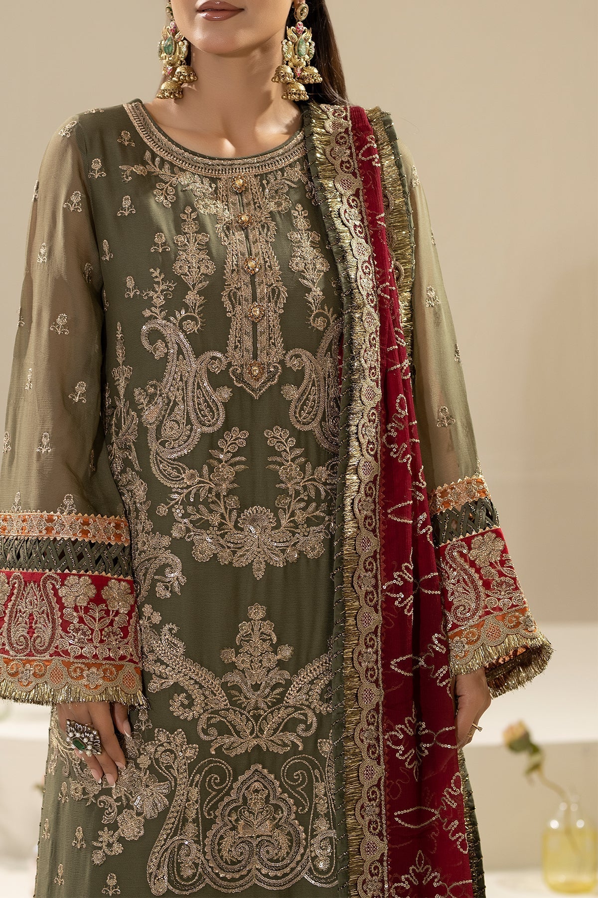 Mehndi Embroidered Chiffon Three Piece Suit (Nisha Collection)