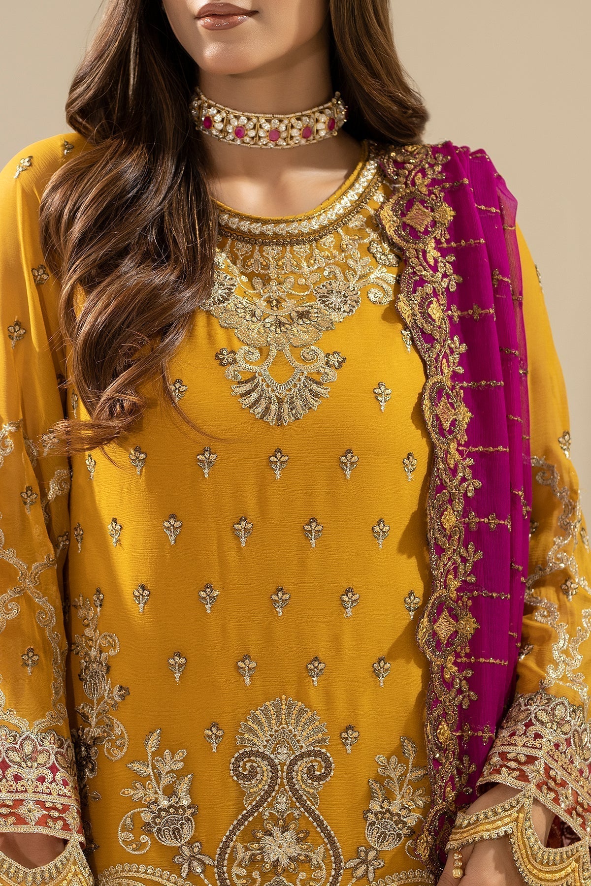 Golden Embroidered Chiffon Three Piece Suit (Nisha Collection)