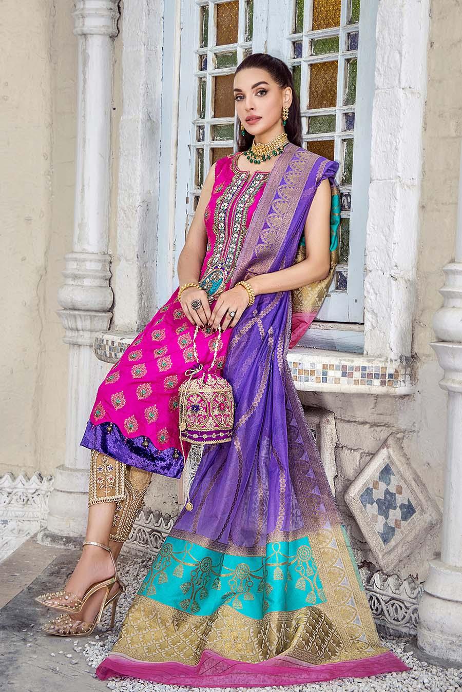 Pure Silk Jamawar Shirt with Organza Banarsi Dupatta & Embroidered Trousers