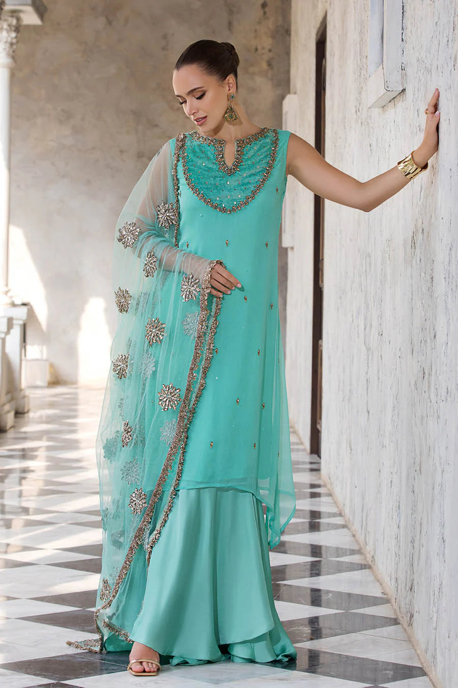 Crinkle Chiffon Shirt & Silk Flared Trouser Set with Gotta Dupatta