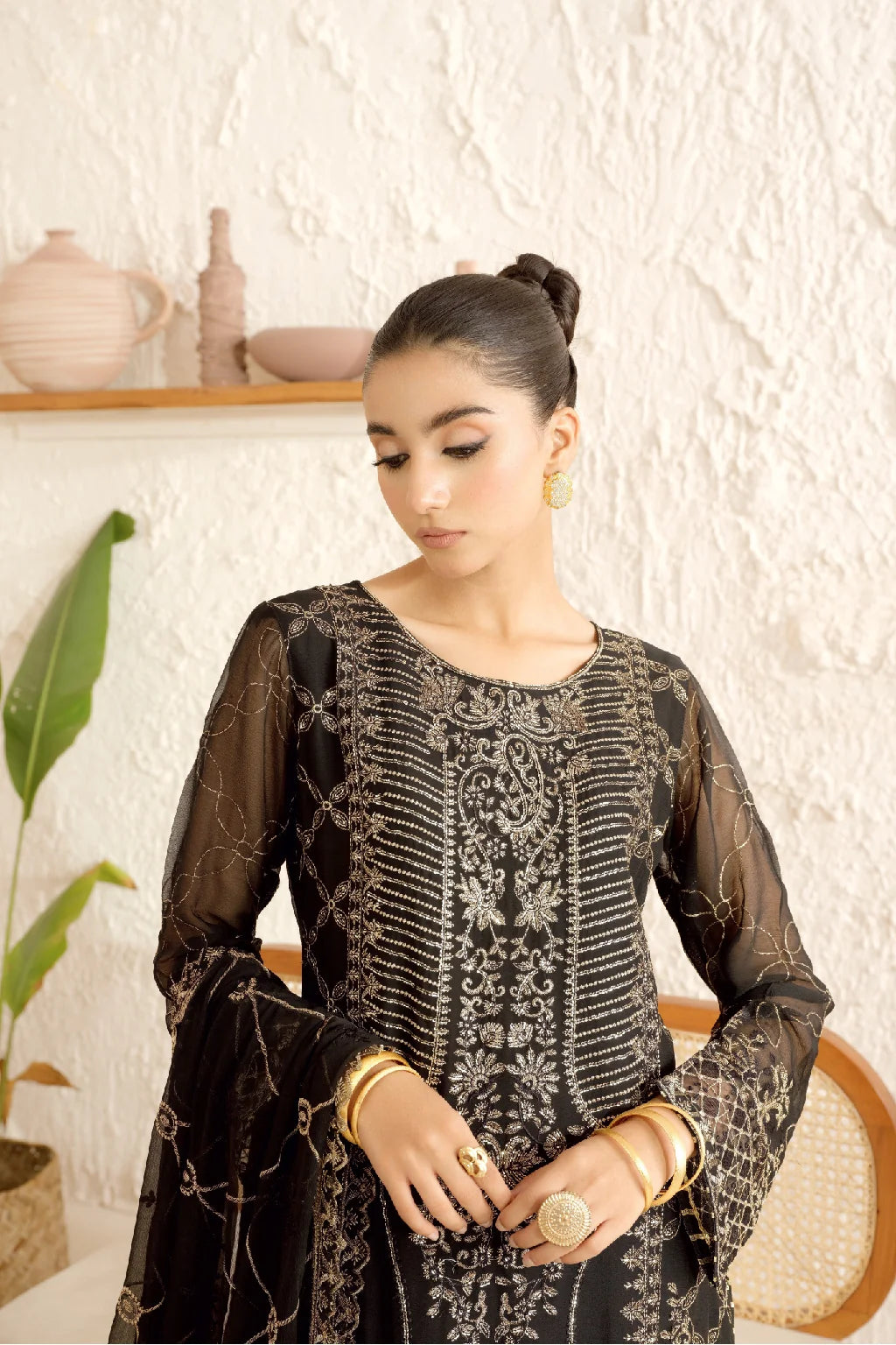 Elegant Embroidered Chiffon Suit with Sequins & Organza Borders ( EC120 )