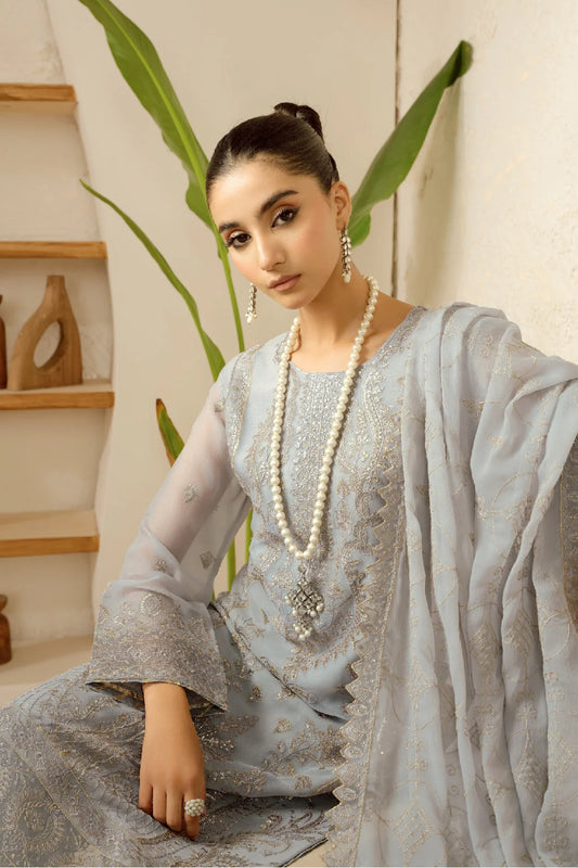 Elegant Embroidered Chiffon Suit with Sequins & Organza Borders ( EC121 )