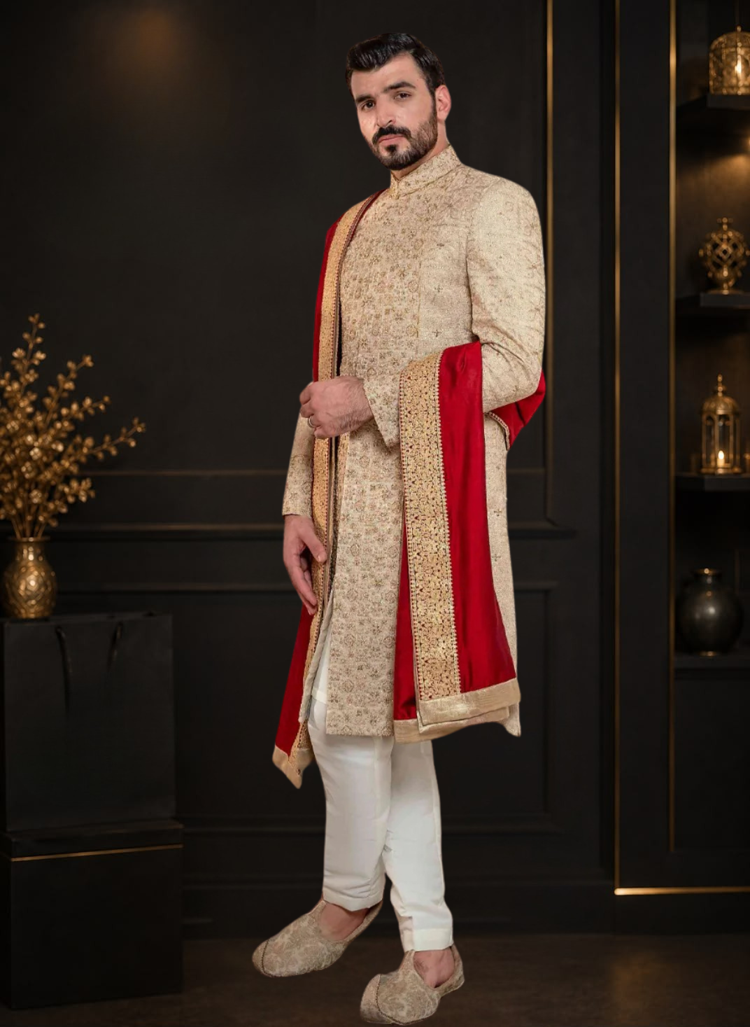 Golden Self Embroidered Kundan Zari Suit with Off White Raw Silk Inner
