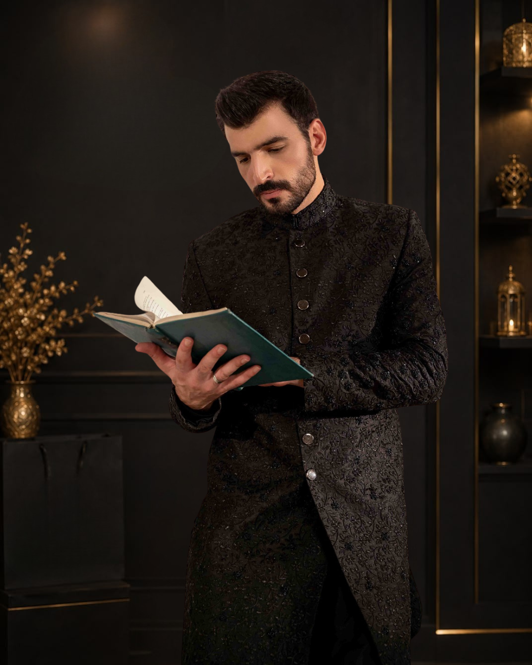 Black Self Embroidered Silk Wedding Sherwani