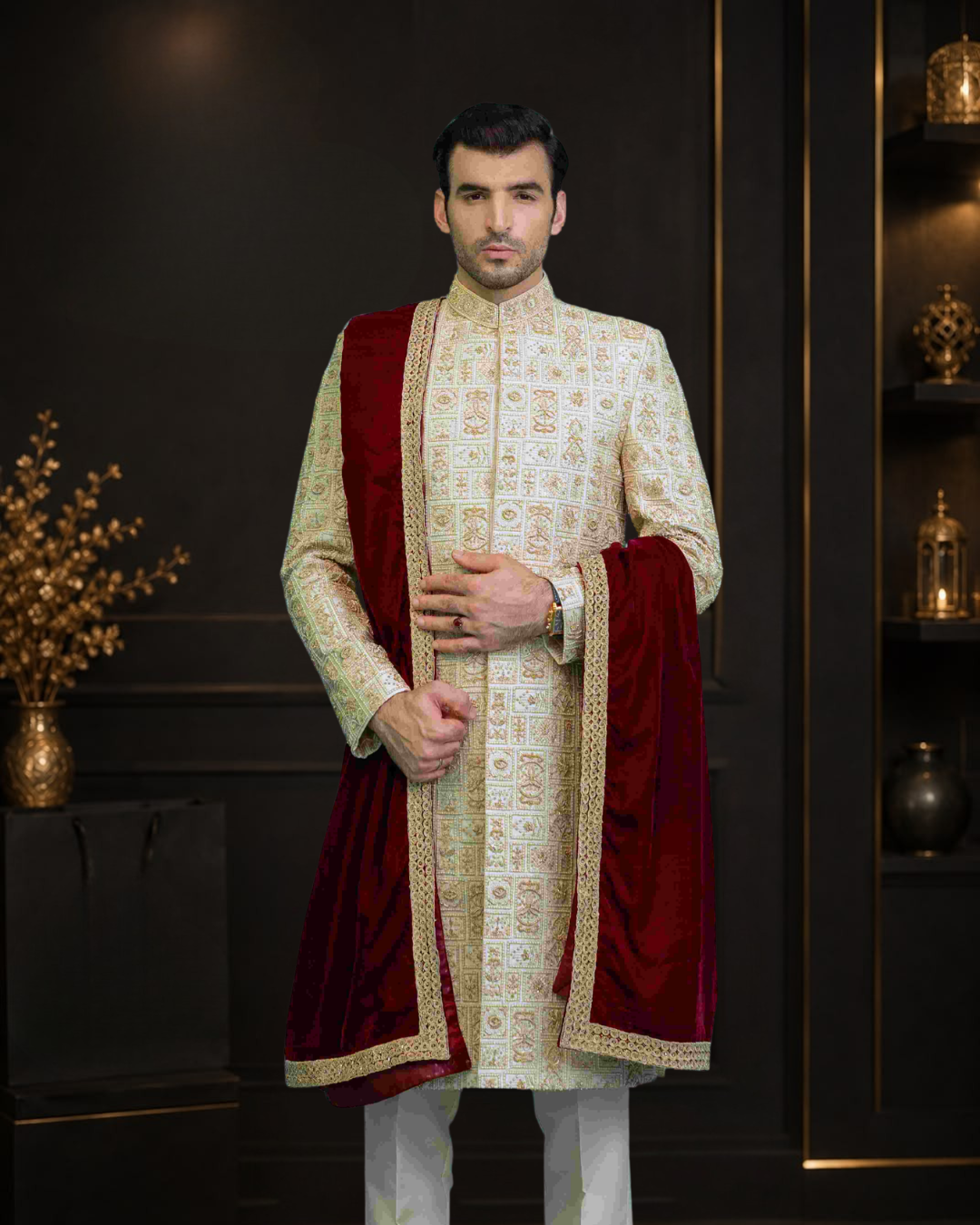 Skin Gold Fully Hand Embellished Silk Wedding Sherwani