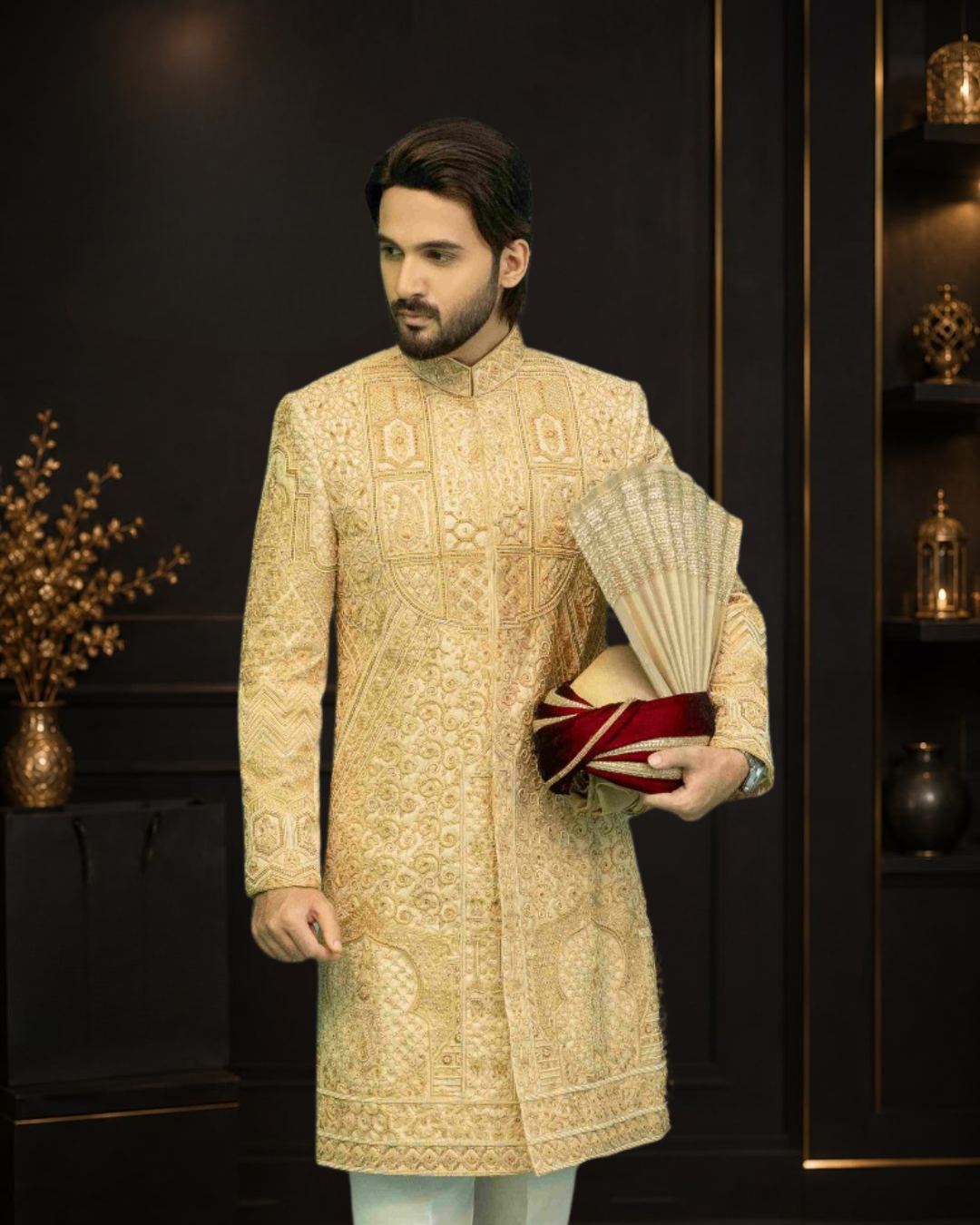 Skin Gold Self Printed Jamawar Wedding Sherwani