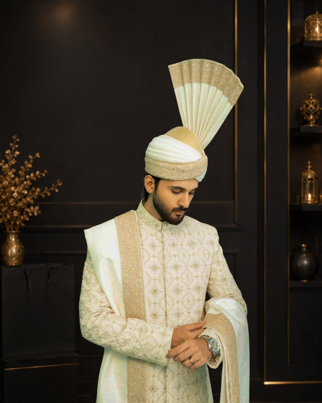 Off White Self Embroidered Krundy Wedding Sherwani