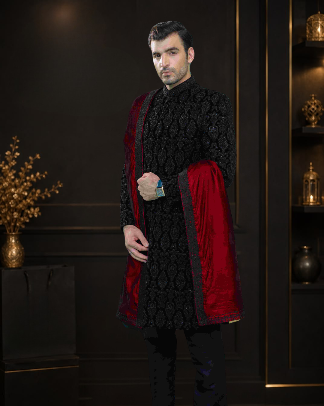 Black Velvet Embroidered Wedding Sherwani