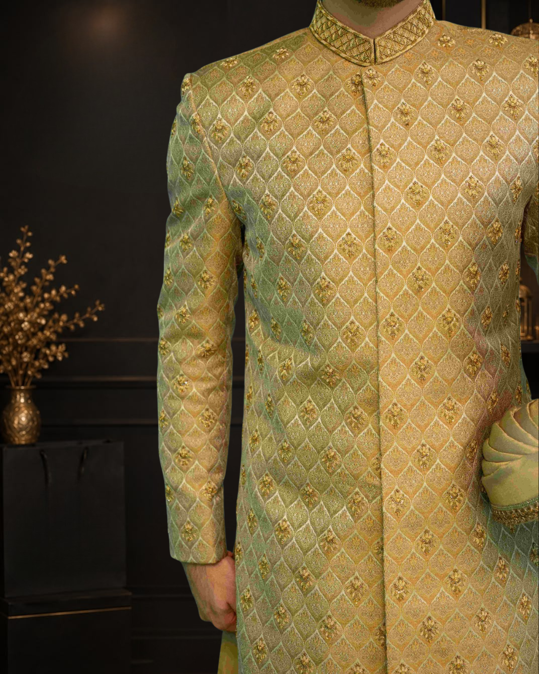 Coffee Self Printed Atlas Wedding Sherwani