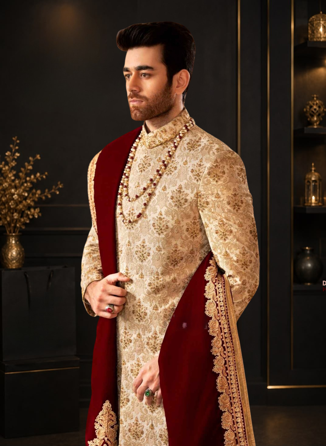 Gold Kundan Zari Embroidered Wedding Sherwani