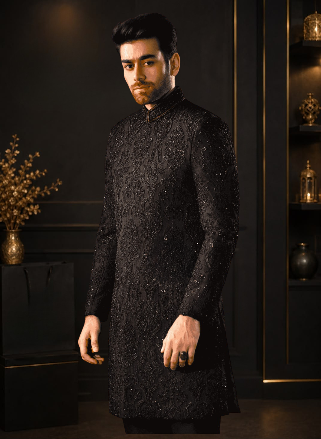 Black Pure Organza Hand Embellished Wedding Sherwani