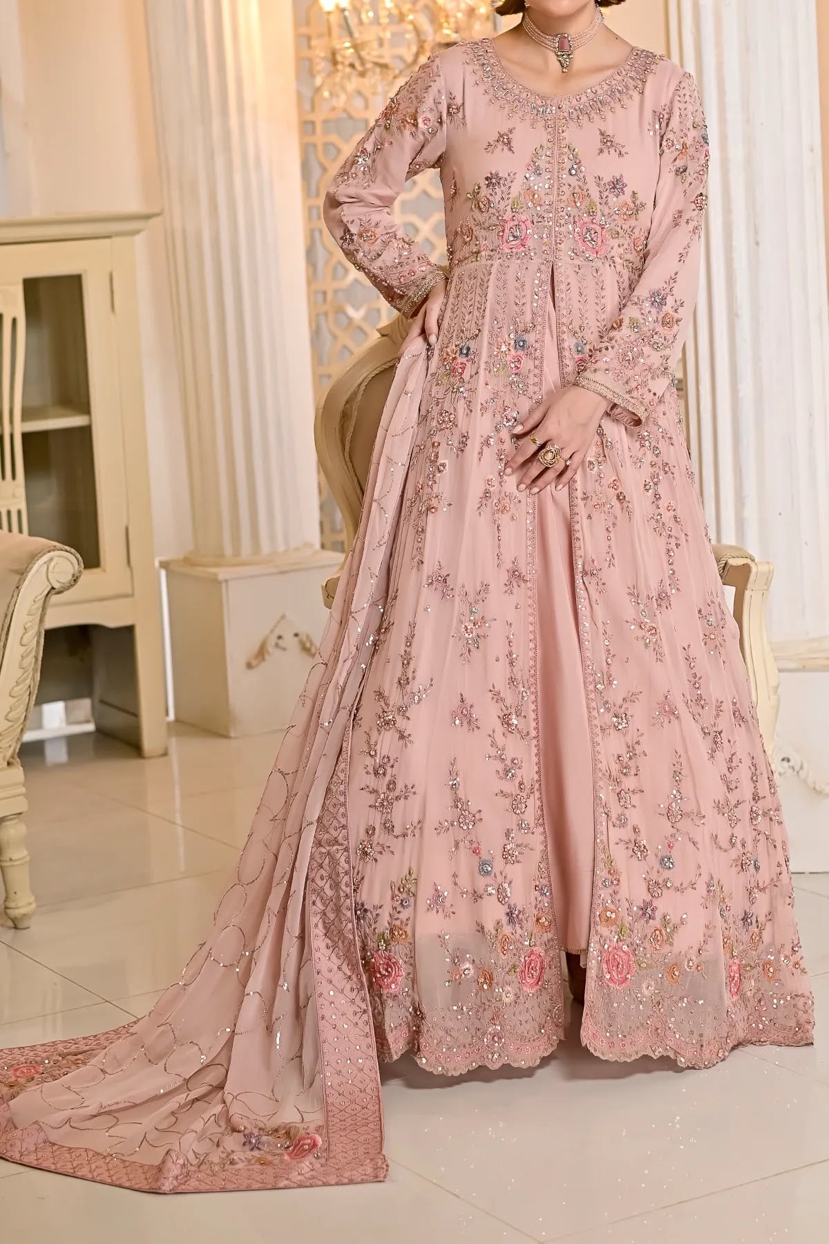 Blush Pink Hand Embroidered Long Front-Open Dress with Dupatta