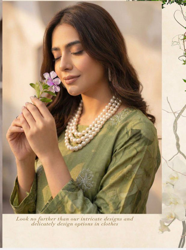 Olive Green Embroidered Lawn with Chiffon Dupatta