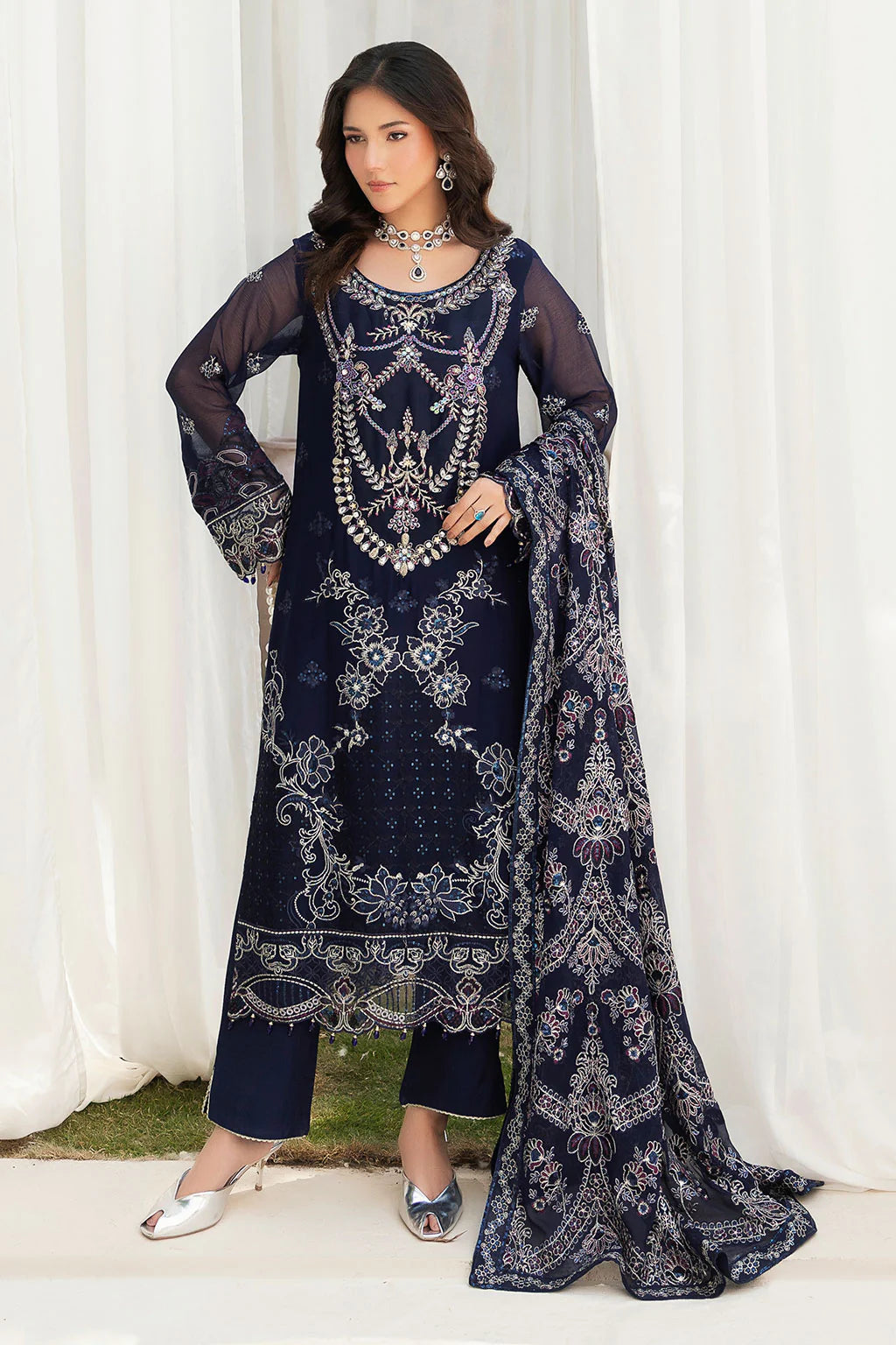 Embroidered Chiffon Suit with Sequins & Hand Embellished Organza ( EC109 )