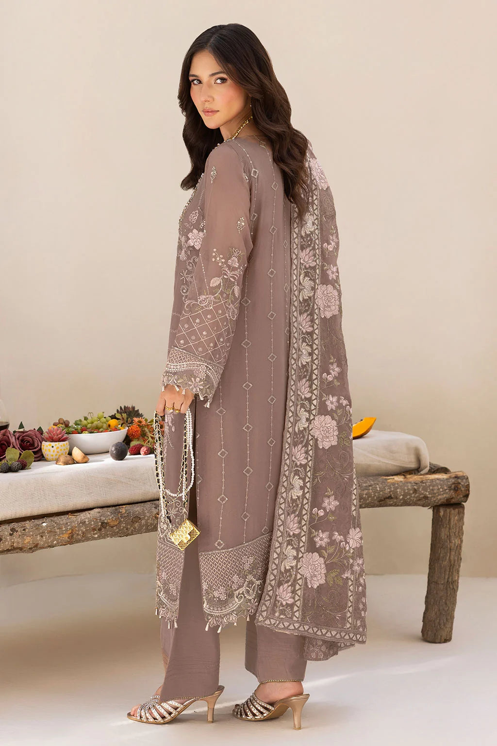 Embroidered Chiffon Suit with Sequins & Hand Embellished Organza ( EC112 )