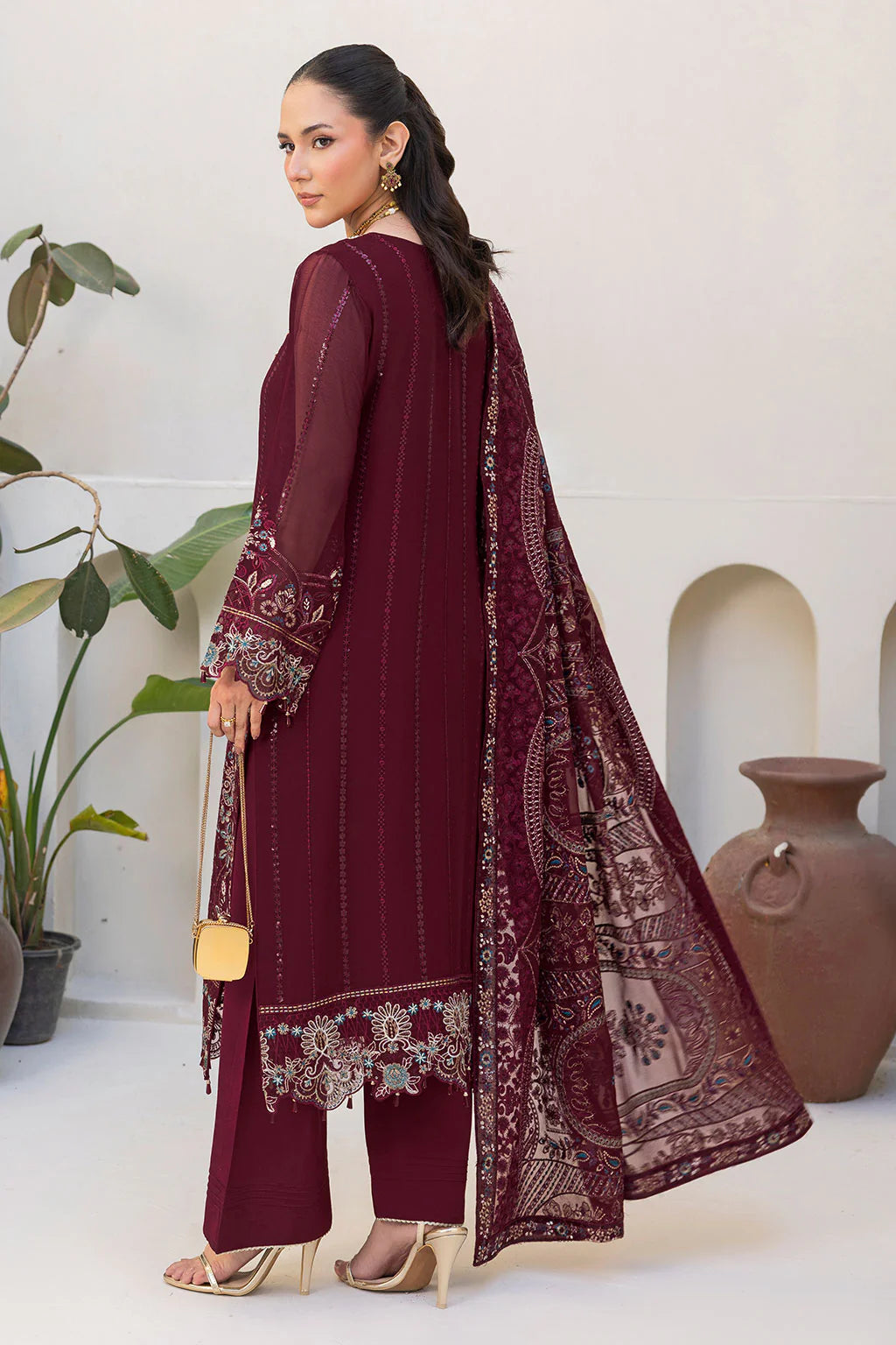 Embroidered Chiffon Suit with Sequins & Hand Embellished Organza ( EC111 )