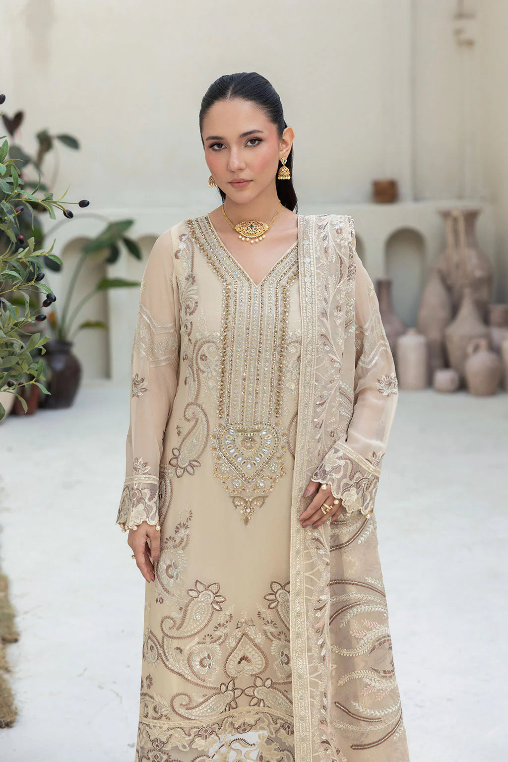 Embroidered Chiffon Suit with Sequins & Hand Embellished Organza ( EC110 )
