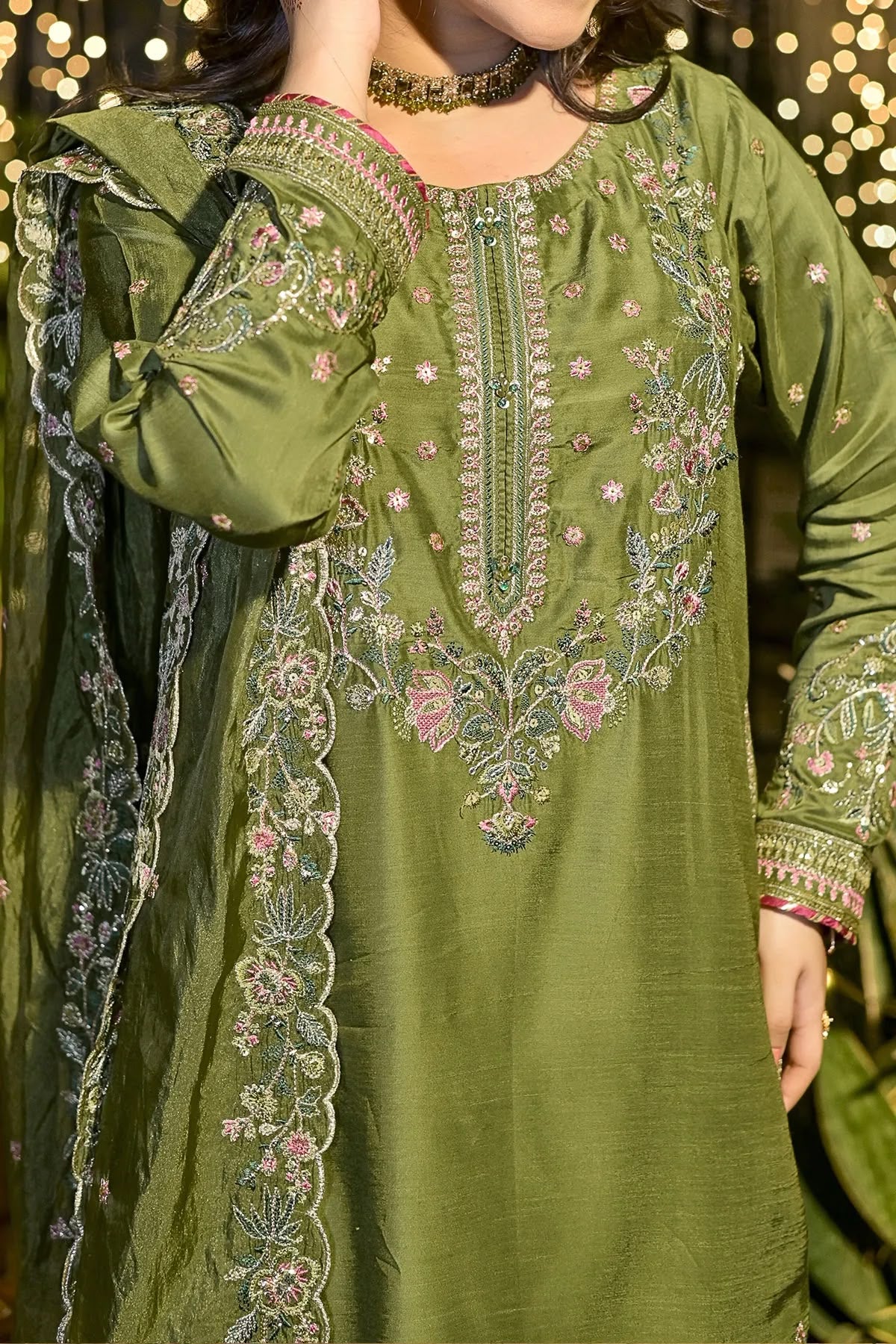 Elegant Olive Green Embroidered 3 Piece Suit for Women