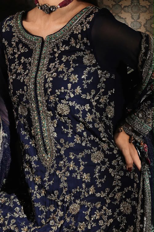 Navy Blue Chiffon Embroidered 3-Piece Suit with Golden Detailing