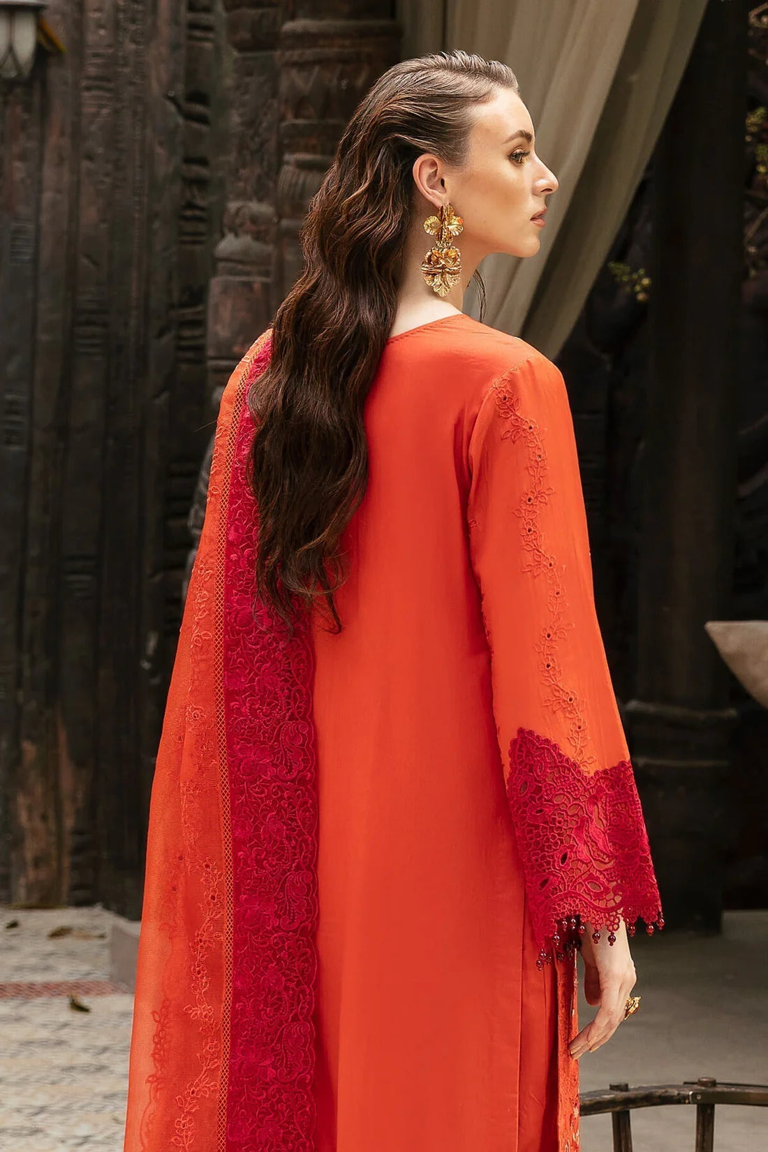 Orange Embroidered Lawn Three Piece Suit (Nisha Collection)