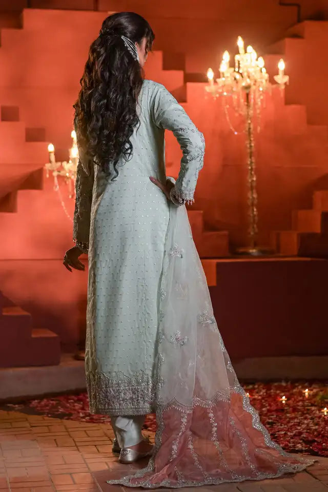 Embroidered Jacquard Long Shirt with Trouser & Organza Dupatta