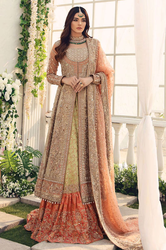 Peach Embellished Tissue Bridal Gown with Lehenga & Dupatta
