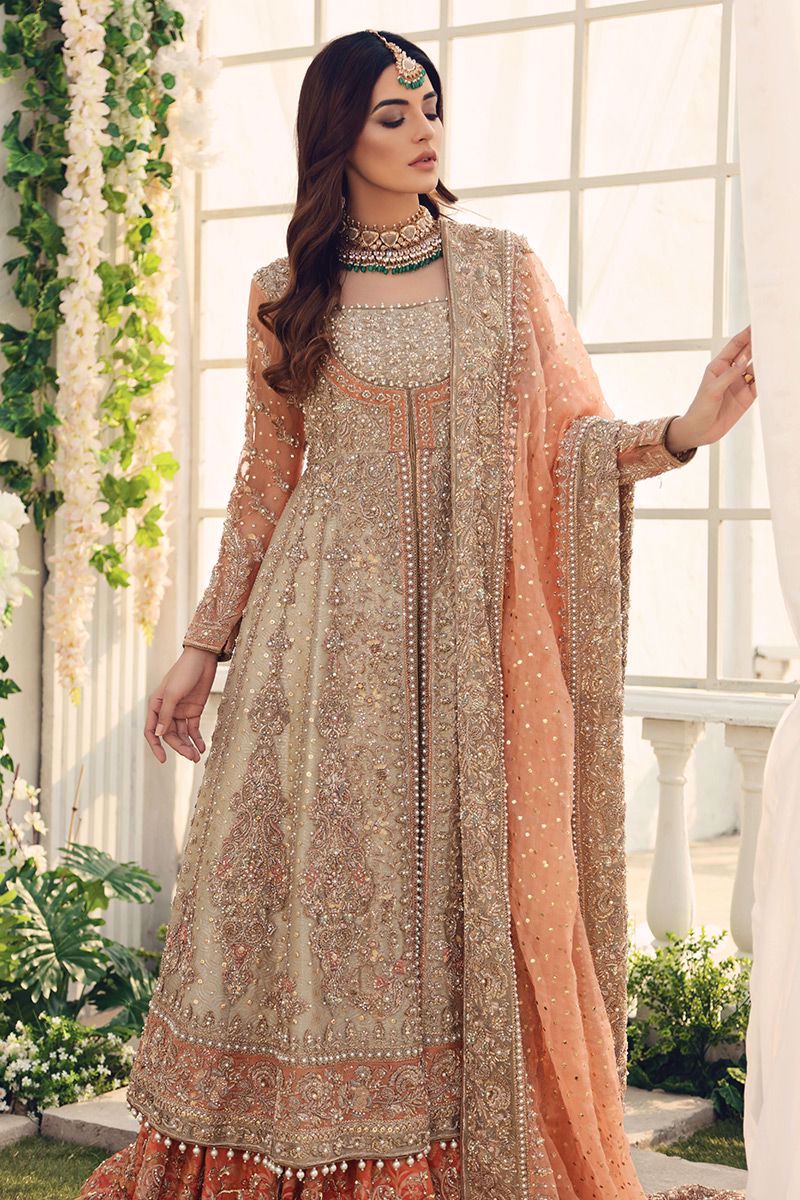 Peach Embellished Tissue Bridal Gown with Lehenga & Dupatta
