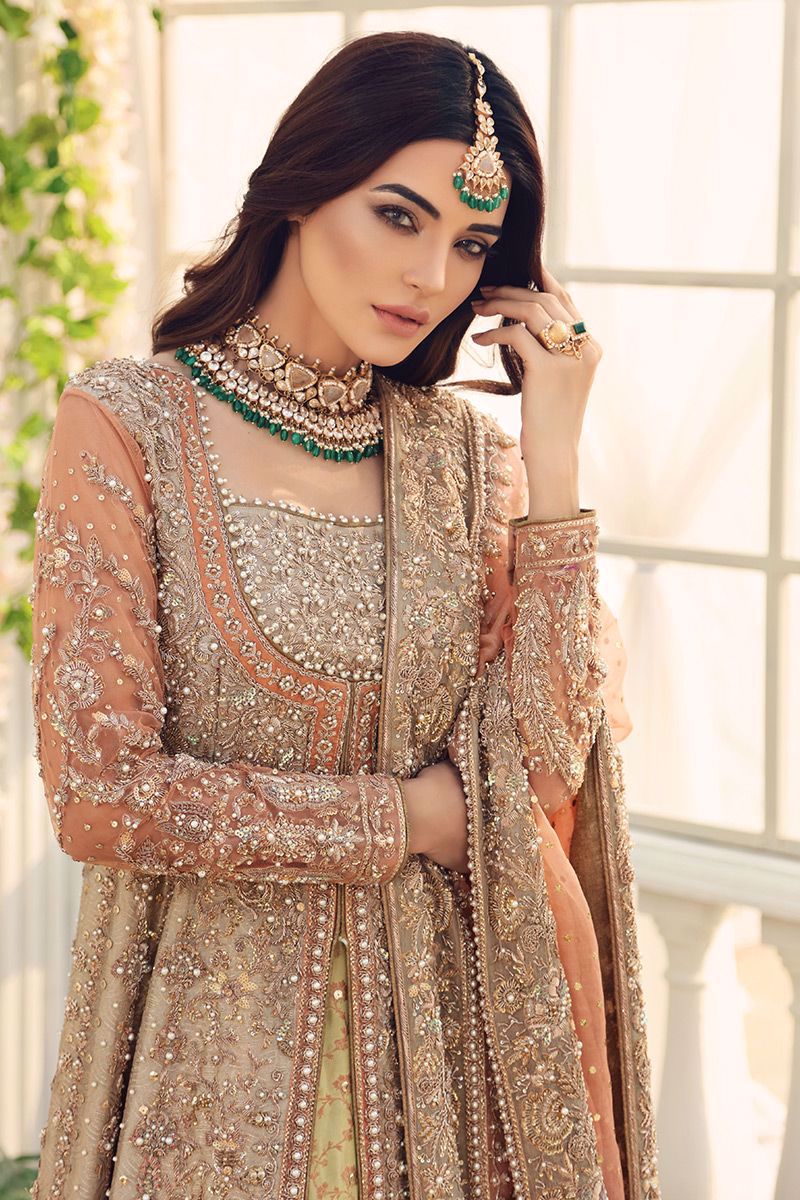 Peach Embellished Tissue Bridal Gown with Lehenga & Dupatta