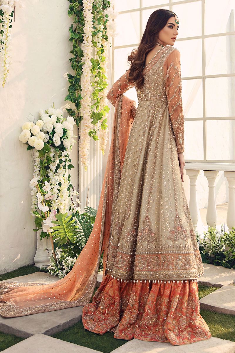Peach Embellished Tissue Bridal Gown with Lehenga & Dupatta