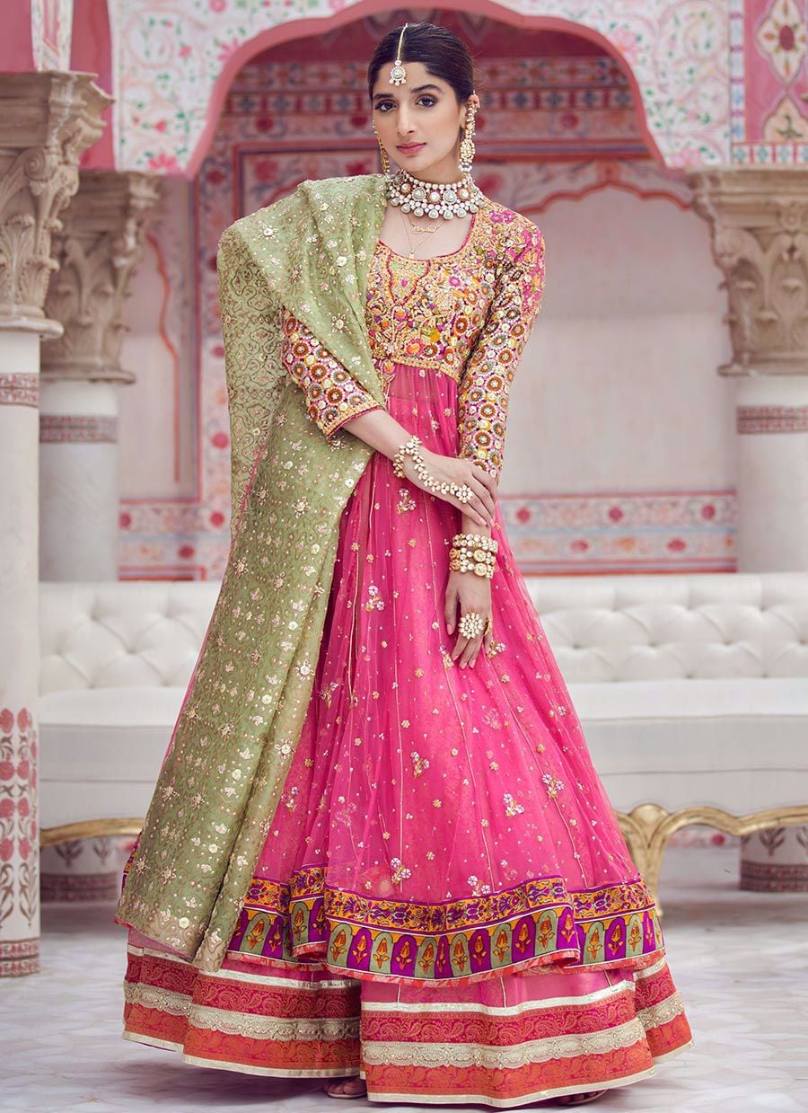 Pink Front Open Kalidaar Lehenga with Organza Dupatta