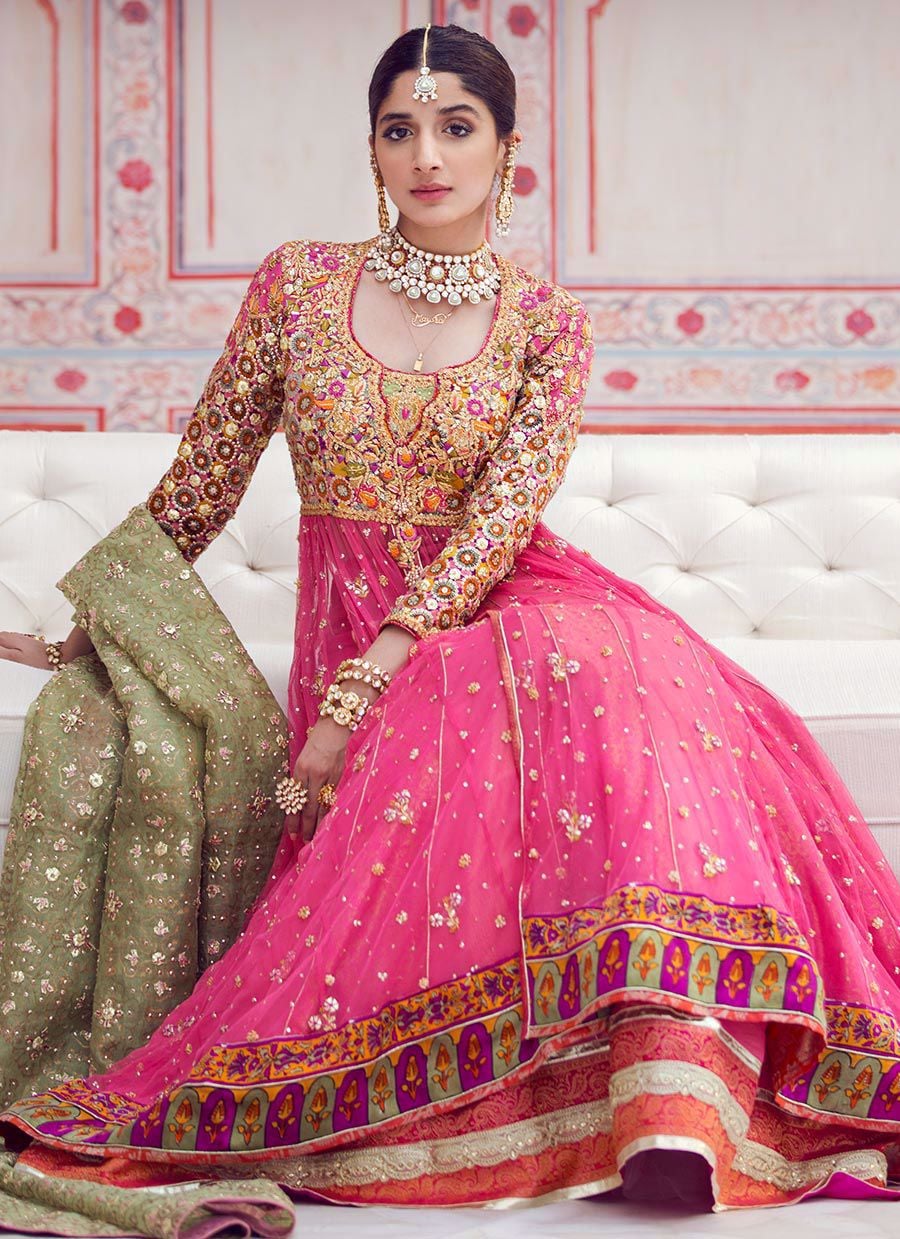 Pink Front Open Kalidaar Lehenga with Organza Dupatta