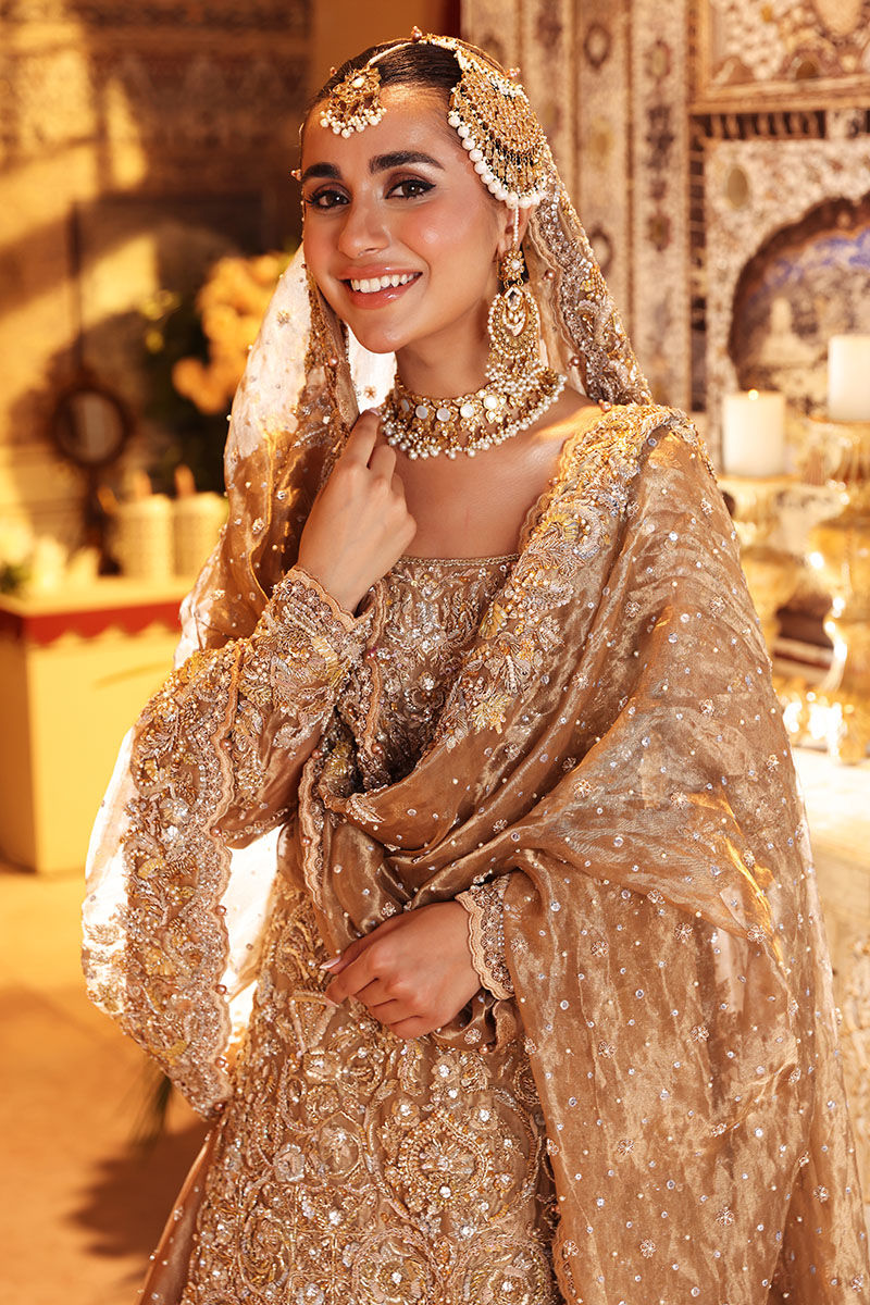 Nur-Bano Gold Tissue Bridal Lehenga – Luxury Hand Embellished Wedding Dress