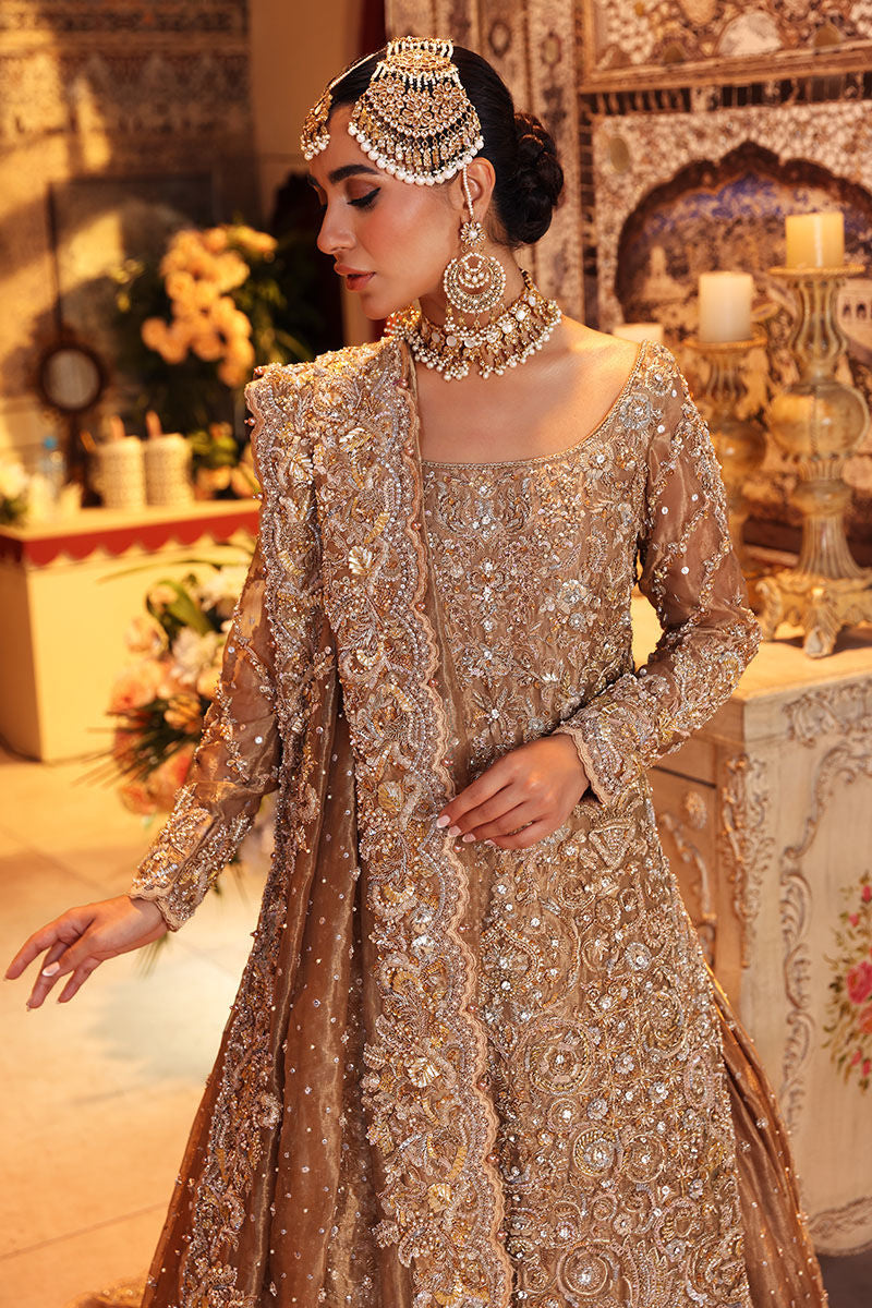 Nur-Bano Gold Tissue Bridal Lehenga – Luxury Hand Embellished Wedding Dress