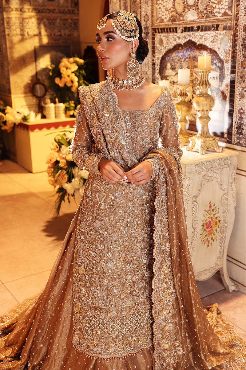Nur-Bano Gold Tissue Bridal Lehenga – Luxury Hand Embellished Wedding Dress