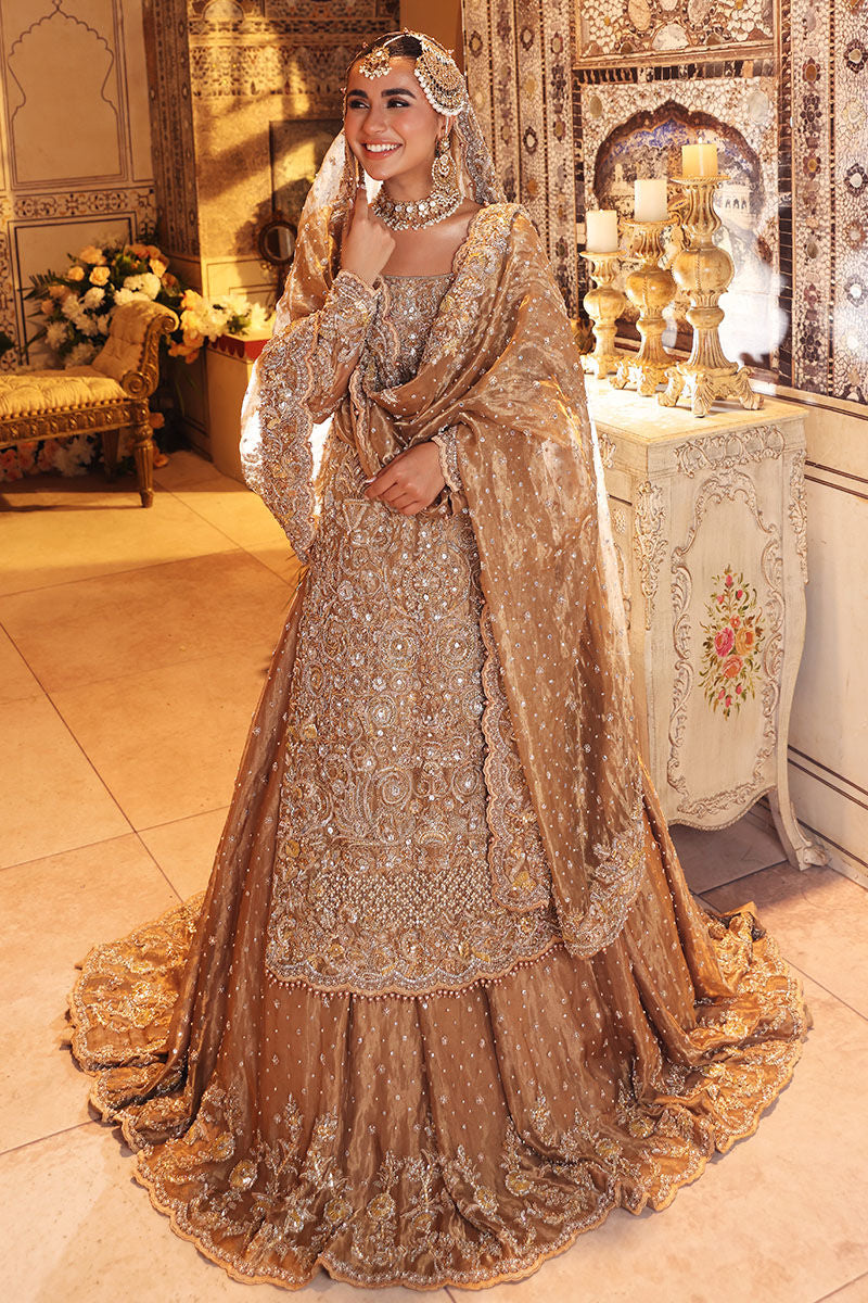 Nur-Bano Gold Tissue Bridal Lehenga – Luxury Hand Embellished Wedding Dress