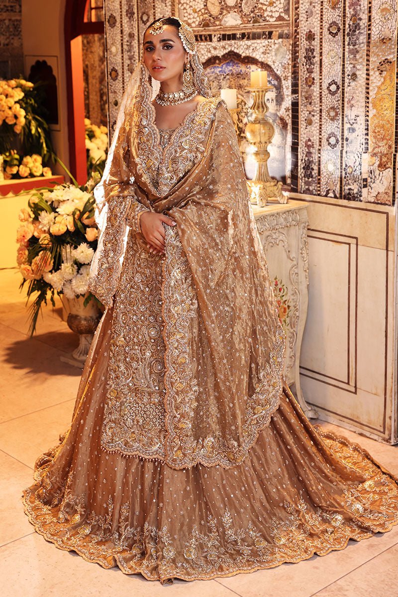 Nur-Bano Gold Tissue Bridal Lehenga – Luxury Hand Embellished Wedding Dress